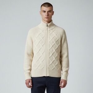 Banana‎ Republic Cardigan Mens M Cream Merino Wool Blend Chunky Cable Knit